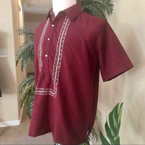 Maroon Embroidered Polo Barong Tagalog made of Hugo - Picture 3 of 9